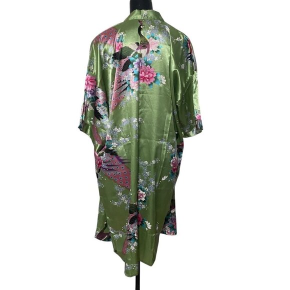 Oriental Village Silk Collection Green Kimono Peacock Print Size - Picture 4 of 7